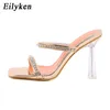 Eilyken Crystal Women Slippers Strappy Mule Heel Heel Square Teen High Flip Flops Party Shoes