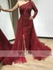 Runway Dresses Arrival Arabic Burgundy Evening Formal Gowns One Sleeve Lace Applique Keyhole Beaded Design Bridal Mother Dress With Overlay