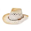 Chapéus solar casuais de verão para mulheres Fashion Beach Praw Straw Hat Hat Hollow Cinturão Branco Visor Caps Wide Brim Elob22