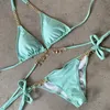 Sexy Bikini Women Crystal s Diamond Push Up Swimsuit Neon Metal Chain High Cut Bathers Thong Swimwear Biquini 220408