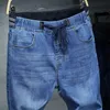 Men Large Size 32-50 Stretch Waist High Elastic Jeans Designer Drawstring Straight Denim Pants Mens Casual Plus 7XL 220328