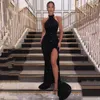 Ny sexig plus size Black Mermaid Prom Dresses paljetter Halter Neck High Side Split Sweep Train Formell aftonklänningar skräddarsydda