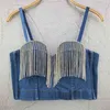 Fashion Ladies Camis Runway Jeans Crop Top Luksus Blue Sexy Celebrity Party Club Kamizelka 210326