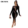 CM.YAYA Frauen Herbst Gestrickte Spitze Up Aushöhlen Sexy Bodycon Midi Maxi Kleid Sexy Club Party Gerippte Langarm Lange kleider 220516