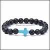 Arts And Crafts Arts Gifts Home Garden 8Mm Black Lava Stone Beads Colorf Cross Charms Elastic Strand Bracelet Bangle For Dh1Wn