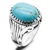 Natural Turquoise Stone Ring for Men 925 Sterling Silver Vintage Statement Oval Blue Stone Mens Ring Turkish Handmade Jewelry H220414