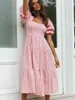 Elegante geruite printjurken vrouwen 2022 Casual Boheemse puff mouw jurk zomervakantie ruches strand midi feestjurk Vestidos y220526