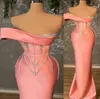 Plus La Taille Arabe Aso Ebi Rose Luxueux Sexy Robes De Bal Perles Cristaux Soirée Formelle Deuxième Réception Anniversaire Robes De Fiançailles Robe