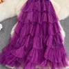 TIGENA Tutu Tulle jupes longues printemps coréen solide une ligne taille haute maille à plusieurs niveaux Maxi jupe femme Faldas esthétique 220611