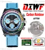 DIWF ETA A7750 chronographe automatique unisexe pour homme et femme montre en fibre de carbone arc-en-ciel diamant lunette bleu cadran noir bracelet en nylon blanc Super Edition Puretime F6