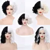 Cruella de vil cosplay peruk yarı beyaz siyah sentetik kısa dalgalı peruklar kadınlar için patlama ile ısıya dayanıklı doğal saç220505