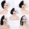 Cruella de Vil Cosplay شعر مستعار نصف أبيض أسود أبيض قصير متموج مع الانفجارات للنساء Hair Natural Hair220505