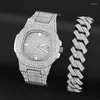 Horloges 2022 Iced Out Horloge Armband Voor Vrouwen Heren Grote Gouden Cubaanse Ketting Hip Hop Sieraden Set Strass Mannen miami