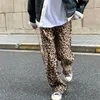 Корейская леопардовая печать Широкие брюки для ног Высокая талия прямая трубка повседневная свободная тонкая мода мода 220325