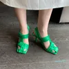 Buty sukienne modne sandały kwadratowe sandały kobiety plisowane T skręcone węzeł skrętu szyjki na kostkę na wysokim obcasie pompki zielone