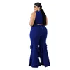 Survêtements grande taille pour femmes 5XL deux pièces ensemble femmes sans manches hauts courts volants pantalons à jambes larges Sexy col en V chemisier avec fermeture à glissière soirée Par