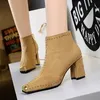 Dames enkellaarzen Feestschoenen Sexy Rock Trend Chunkyheel High Heels Suede Metal Square Head Rivet