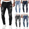 Mens rasgado jeans skinny azul slim fit buraco lápis calças casuais calças de motociclista streetwear alta qualidade denim homem roupas 220718