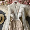 New fashion women's sexy v-neck long sleeve hollow out lace crochet floral high waist midi long pencil dress MLXL