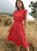 Chiffonklänning Kvinnor Elegant Summer Floral Print Ruffle Aline Sundress Casual Fitted Clothes to Knees Red Dresses For4197922