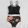 Damen Bademode Rüschen Frauen Split Blumendruck Riemchen Schwarz und Weiß Sexy Badeanzug Bikinis Set Damen Biquinis