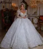 Vestidos de bola real de luxo dubai dubai vestidos de noiva de bola com mangas compridas bordados de lacunas brilhantes de lacta de renda pufal