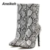 Aneikeh Spring Fashion New Pu Python Muster Mid Cal Women's Stiefel 11 cm dünne Absätze spitzer Zehenzip sexy Partypumpen 220421