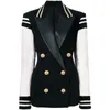 Hoge kwaliteit EST modeontwerper dames lederen patchwork dubbele borsten blazer klassieke varsity jas y201026