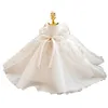 2022 luxuoso flor menina vestido longo trem com arco bead 3d flores appqulies vestido de bola de laço princesa vestidos primeiros santos vestidos de comunhão