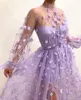 파티 드레스 3D 꽃 레이스 아플리크 무도회 도착 라이트 보라색 긴 슬리브 툴리 사이드 스플릿 가운 하이 목