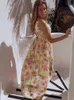 Boho Floral Long Dres SEXY PRINT DEEP V-NECK Dresses Summer Sleeveless Beach Dress Chiffon Split Maxi Dress Party Vestido 220516