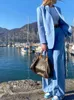 女性のズボンスーツブルーブレザーパンツスーツスプリングレディースフォーマル衣装オフィスレディパンツセット1ボタンスプリングブレザージャケットT220729