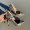 Tikicup Shiny Plaid Chic Women Stilettos 하이힐 블링 파티 드레스 신발 숙녀 Ponited 발가락 슬립 펌프 플러스 크기 43 44 45 220402