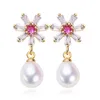 7mm Zircon Snowflake Ear Studs Dingle Chandelier Natural Freshwater Pearl Earrings White Purple Pink Lady/Girl Fashion Jewelry