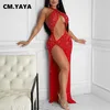 Cm.yaya Women Withonstones Halter Neck Sexy Slit Sexy Maxi Dress Sepe See Come Ins Sexy Party осень зимняя платья 220506