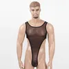 Men's Body Shapers Mens Lingerie Tank Wrestling Singlet Bodysuit See Through Sheer Mesh Teddies Deep U Neck Sleeveless High Cut Leotard Jump