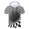 Summer Men Hooded Tshirt Wormhole Print Black White Grid 3D Cap Tshirts Harajuku Hiphop Streetwear Short Sleeve Hoodie 220623