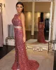 Designer Rose Gold paljetter Prom Dresses Sexig illusion Bodice ärmlösa kristaller pärlståg tråg specialförvaltning av kvällsfest klänningar plus storlek vestidos