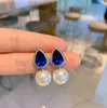 Orecchini Collana di lusso blu zirconi cubici perle fresche Set di gioielli orecchini di fidanzamento matrimonio per le donne gioielleria raffinataOrecchini