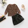 1-5Years Auutmn Toddler Kids Baby Girls Clothes Leopard Print Pullover Sweatshirts SweaterZipper PU Leather Skirts Warm Outfits 220523