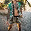 Herrspåriga Hawaiian Spring Summer Men Shorts Set Set Retro V Neck Button T-Shirts Tracksuit Casual Pattern Print Pocket Beach Outfits