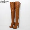 Sorbern Brown Women Boots Streched High Heels Platform Round Toe Shoes Size 33-48