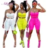 Neon Color Two Piece Sets Women Active Tracksuit Summer Strapless Lace Up Crop Tops Bandage Bikers Shorts Outfit Streetwear Suit 220527