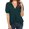 Dames été décontracté en mousseline de soie Blouse couleur unie col montant à manches courtes en mousseline de soie chemise à manches courtes Blusas femme col en V tunique L220706