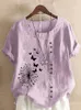 Kvinnor S Summer Dandelion Butterfly Tryckt kort ärm Runda hals T -shirt damer Casual Linen Shirts Plus Size Tops 220527