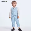 Top and Spring&Autumn Baby Boy Gentleman Suit White Shirt with Bow Tie+Striped Vest+Trousers 3Pcs Formal Kids Clothes Set 220507