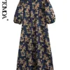 Women Fashion Front Buttons Printed Midi Shirt Dress Vintage Lapel Collar Short Puff Sleeves Female Dresses Vestidos 220526