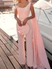 Sexig jumpsuit aftonklänningar med byxor passar fjädrar rosa prom klänning med Cape 2022 One Shoulder paljetter Warp Formal Party Elegant Robes de Soiree Abendkleider