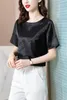 Blusas de mujer Camisas Blusa de verano Fahion para mujer Camiseta de manga corta de satén para mujer Camiseta con cuello redondo Jacquard Seda Estampado sólido OL Tops para mujer