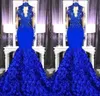Royal Blue Keyhole Nek Hoge lange mouwen Mermaid prom -jurken met 3D handgemaakte bloemen Formele feestavondjurken Afrikaans Afrikaans